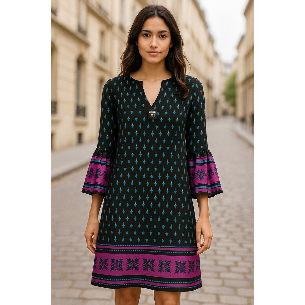 Anna Sui Silk Dress Women's 0 Boho Bell Sleeve Tunic Made‎ in USA Luxury